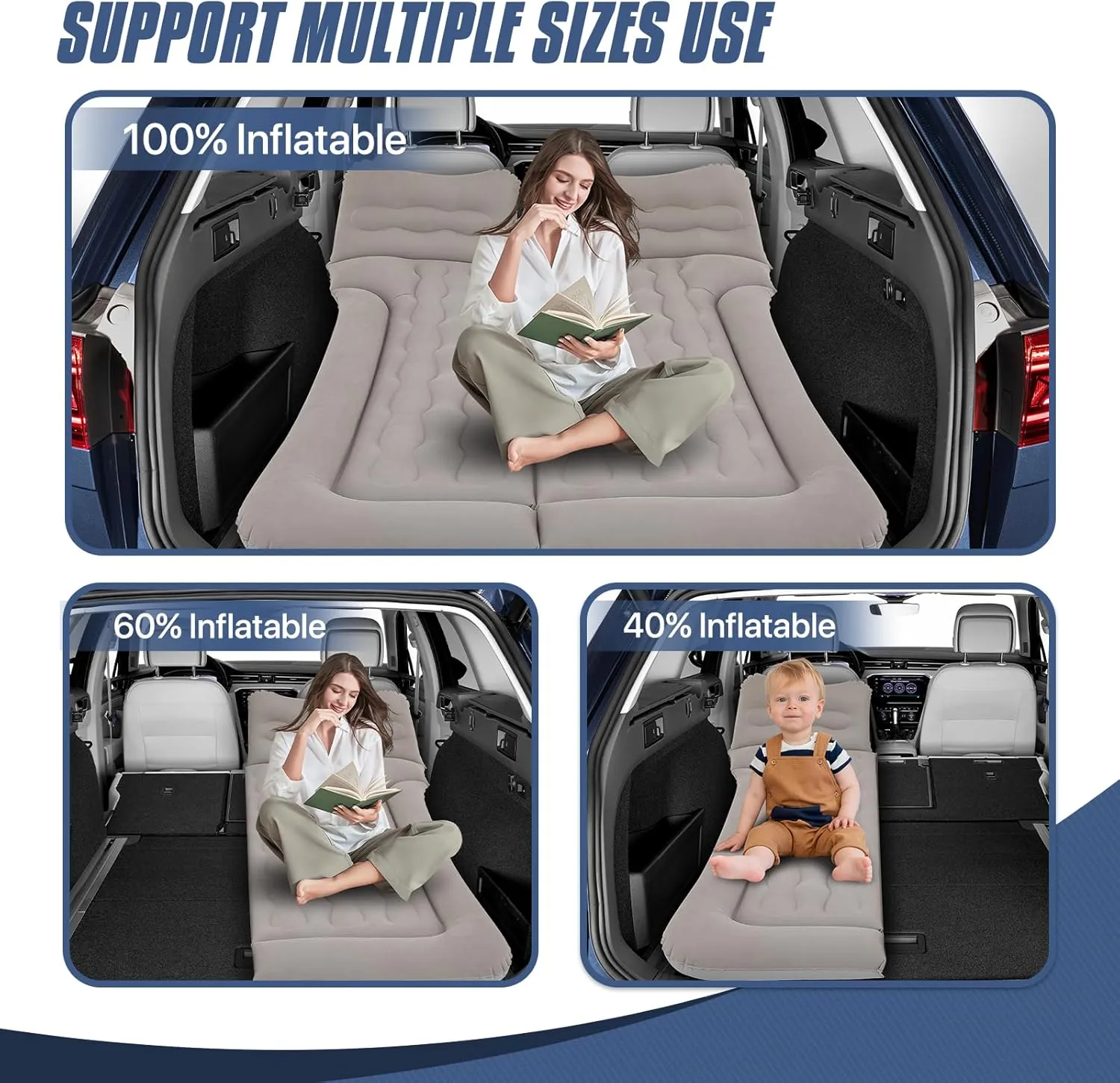 MADOG Car Inflatable Bed, Portable Foldable Flocking Surface Car Camping Mattress for Home Car Travel Camping, Car Bed Backseat Load Up to 440 lbs, Grey