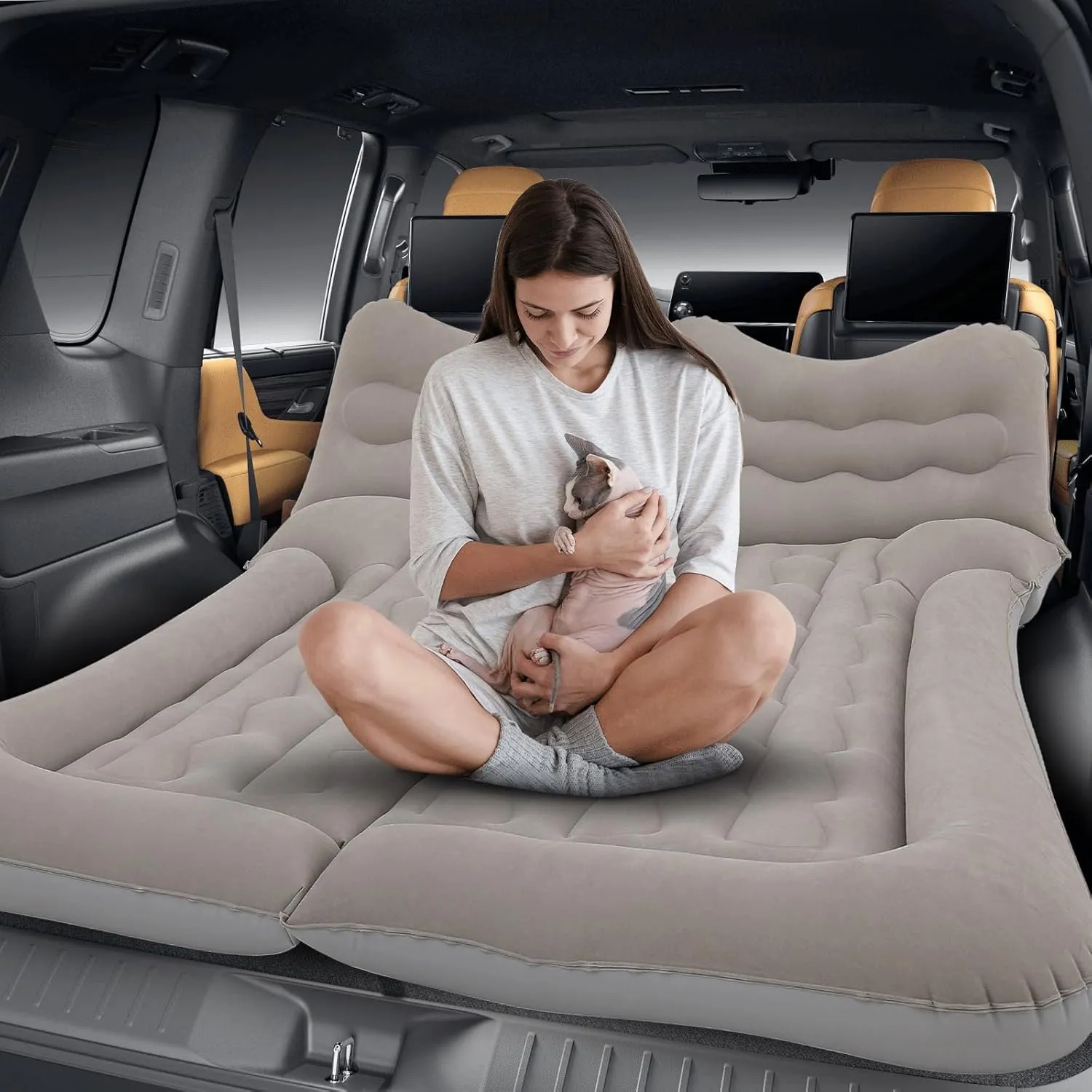 MADOG Car Inflatable Bed, Portable Foldable Flocking Surface Car Camping Mattress for Home Car Travel Camping, Car Bed Backseat Load Up to 440 lbs, Grey
