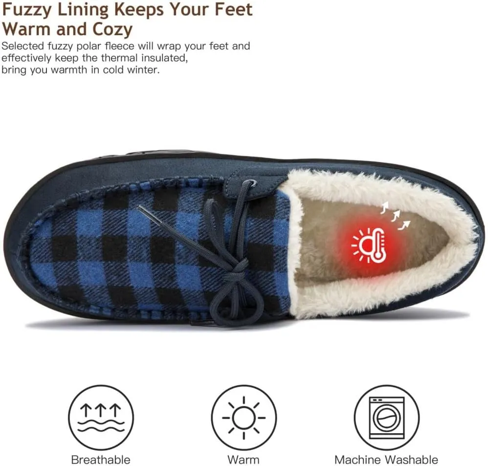 MAINCH Mens Moccasin Slippers with Memory Foam Insoles Warm Furry Lining Indoor Outdoor Size 7-16