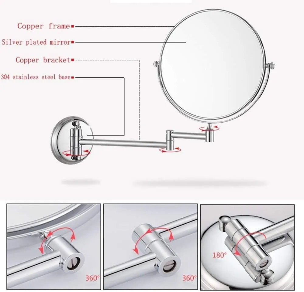 Makeup Mirror 8-inch Cosmetic Mirror Bathroom Mirror Wall Hanging Folding Double-Sided Metal Round 3X Magnifier