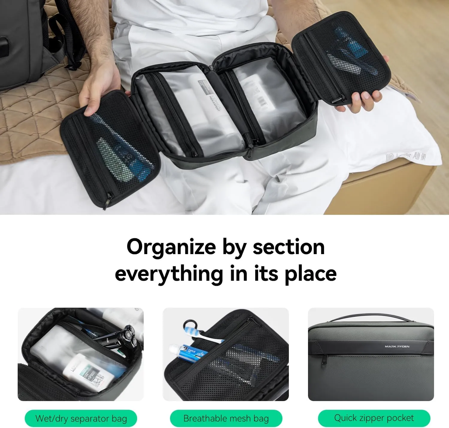 MARK RYDEN Toiletry Bag for Men, Travel Toiletry Organizer Dopp Kit Water-resistant Shaving Bag for Toiletries Accessories (Green)