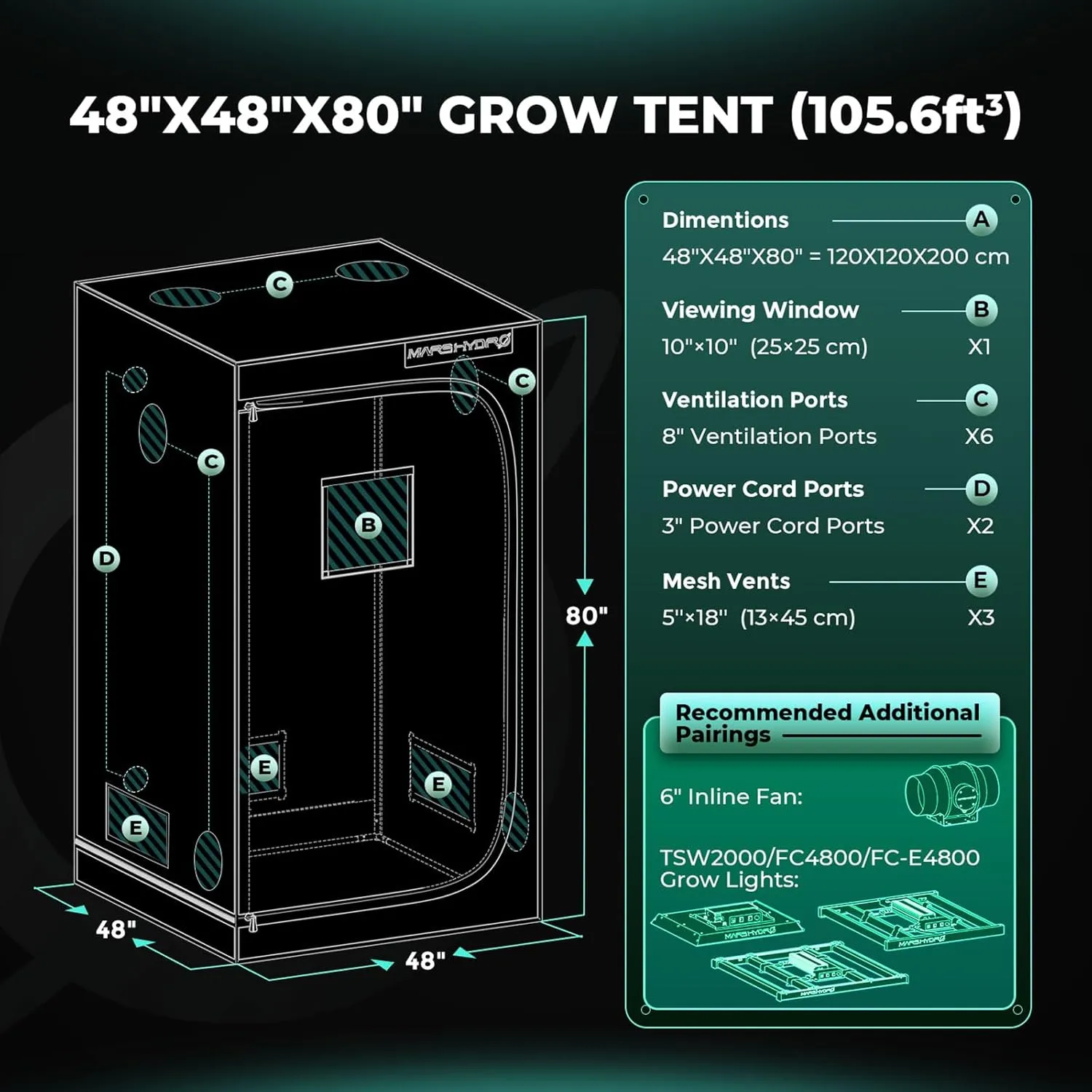 MARS HYDRO 4x4 Advanced Grow Tent, 48"x48"x80" High Reflective Mylar 1680D for Hydroponics Indoor Plant Growing, with Observation Window,Floor Tray and Smooth Zipper for TSW2000/FC4800/FC-E4800