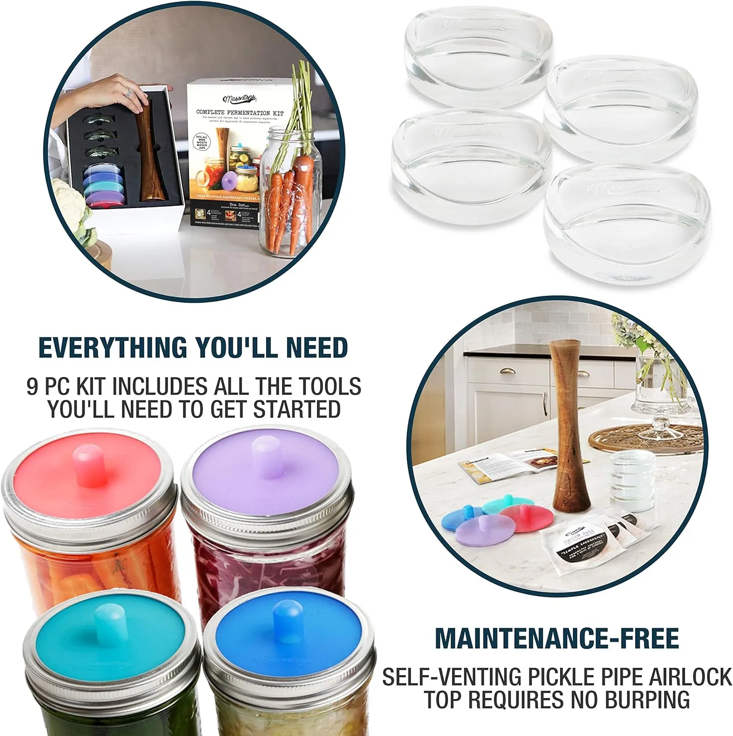 Masontops Complete Mason Jar Fermentation Kit - Pickle Kit, Sauerkraut Making Kit Kimchi Container - Fermentation Airlock Lids Wide Mouth Mason Jars