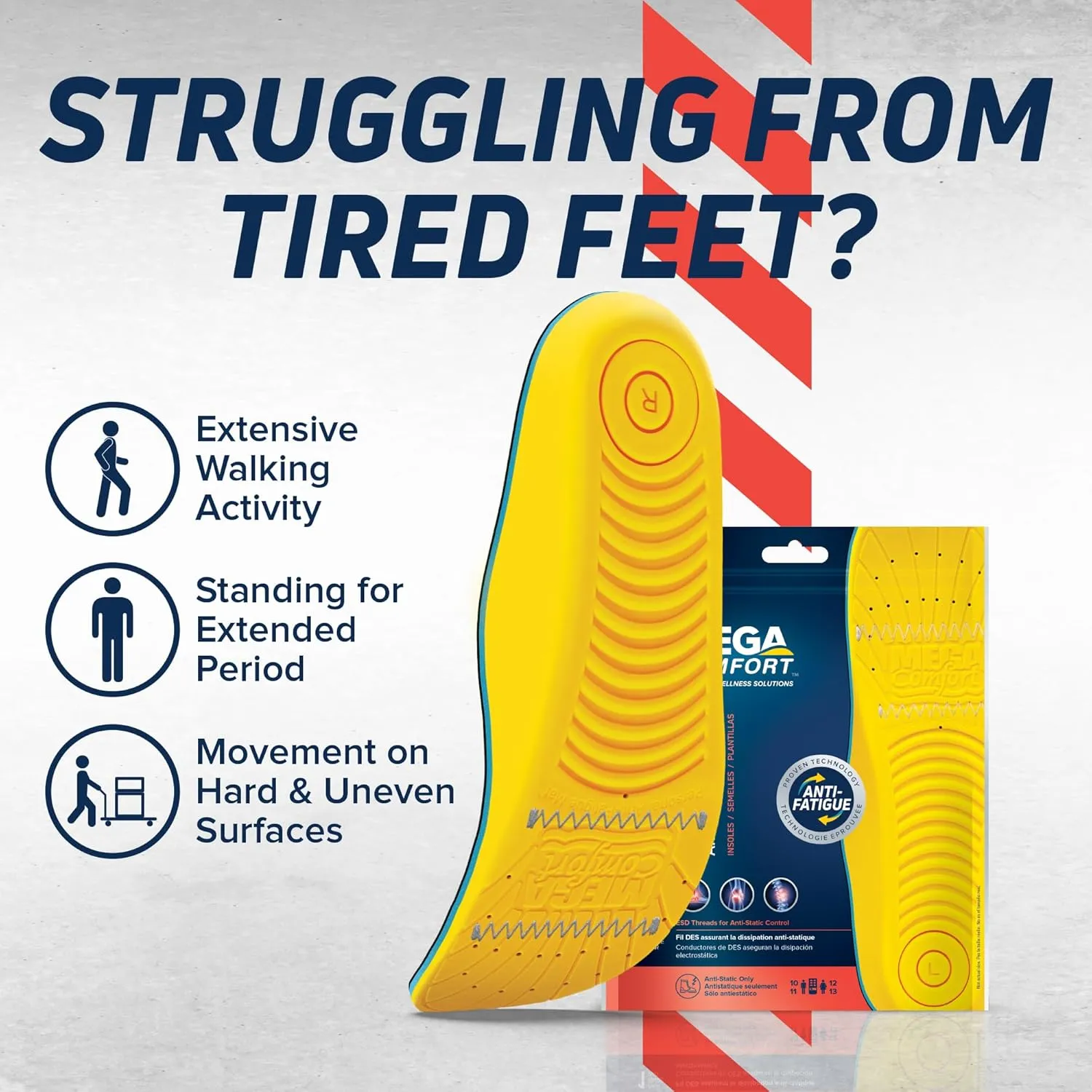 MEGAComfort PAMESD-M1213 Personal Anti-Fatigue Mat ESD Anti-Static Insole,(1 per Pack), Yellow,black, Men's Size 12-13
