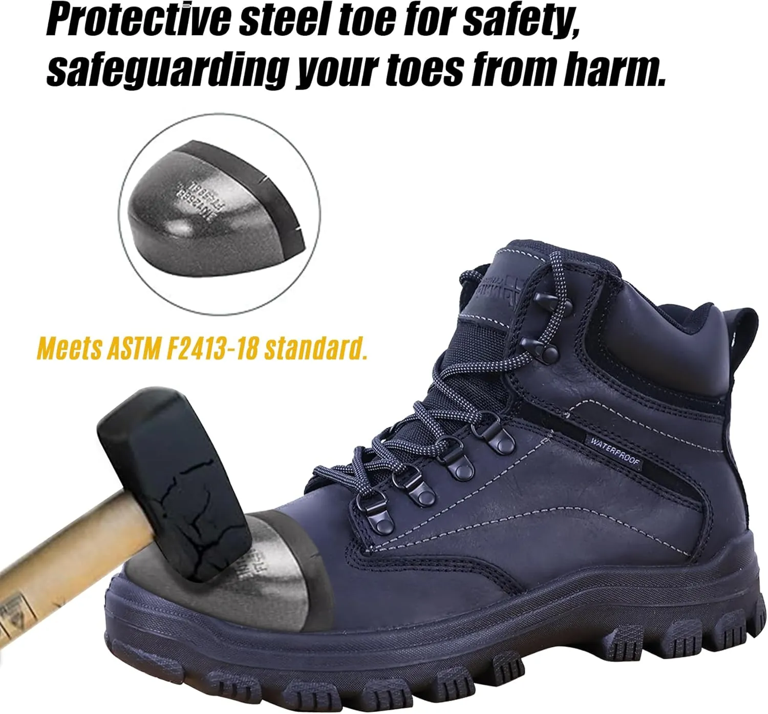 Mens Non Slip Steel Toe Work Shoes with 2 Different Insoles Waterproof & Oil Resistant ASTM F2413