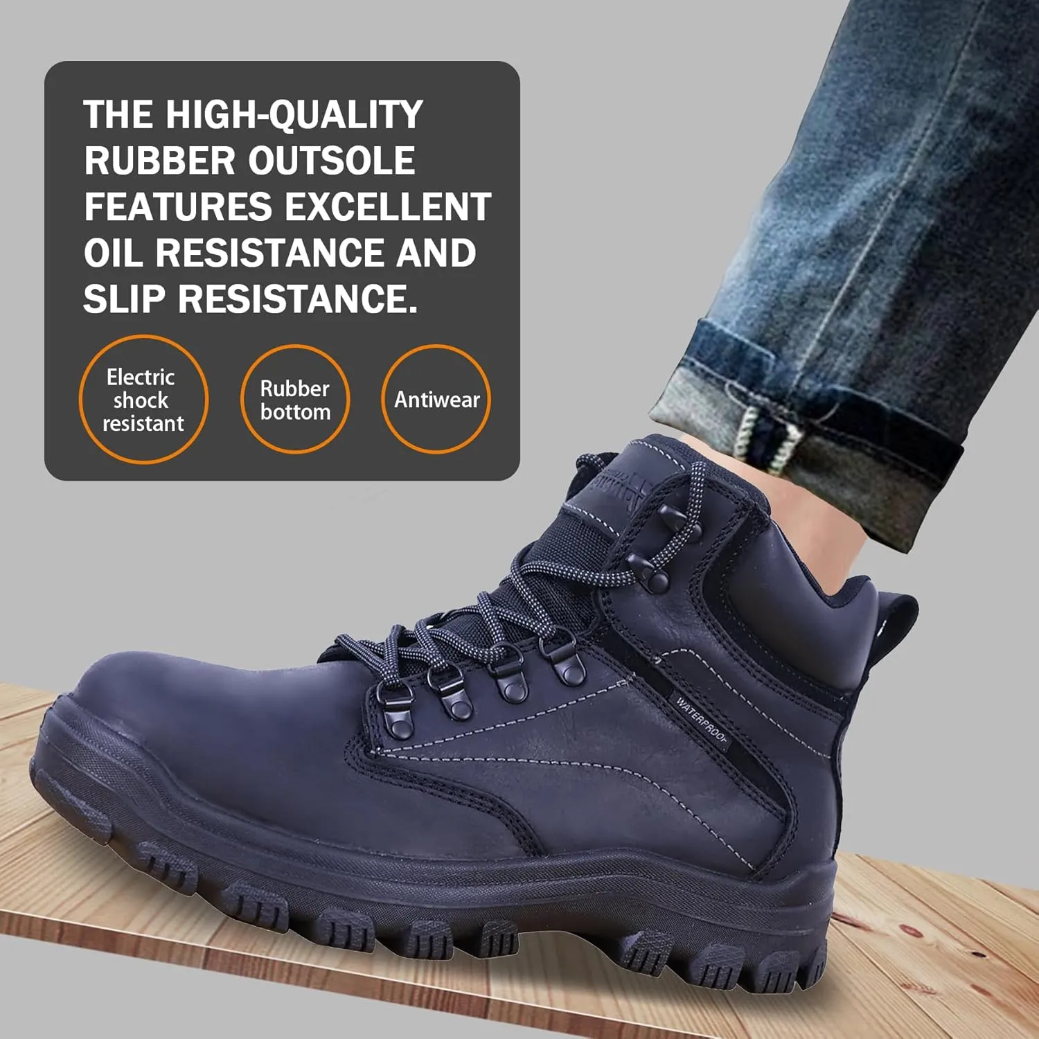 Mens Non Slip Steel Toe Work Shoes with 2 Different Insoles Waterproof & Oil Resistant ASTM F2413
