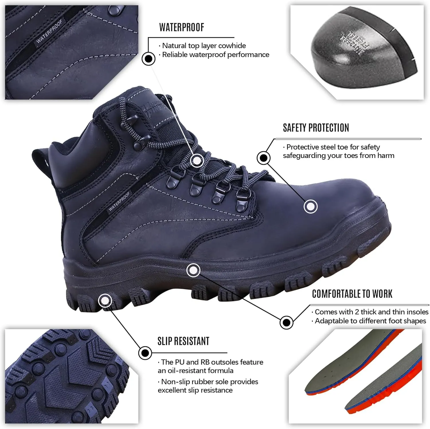 Mens Non Slip Steel Toe Work Shoes with 2 Different Insoles Waterproof & Oil Resistant ASTM F2413