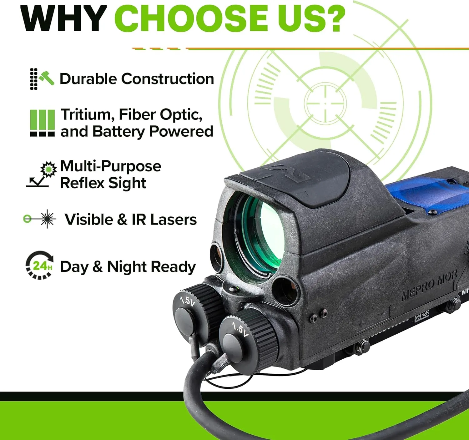 MEPROLIGHT MEPRO MOR Multi-Purpose Reflex Electro Optic Mil-Spec Red Dot with Active and Passive Illumination, Both IR and Visible Pointers.