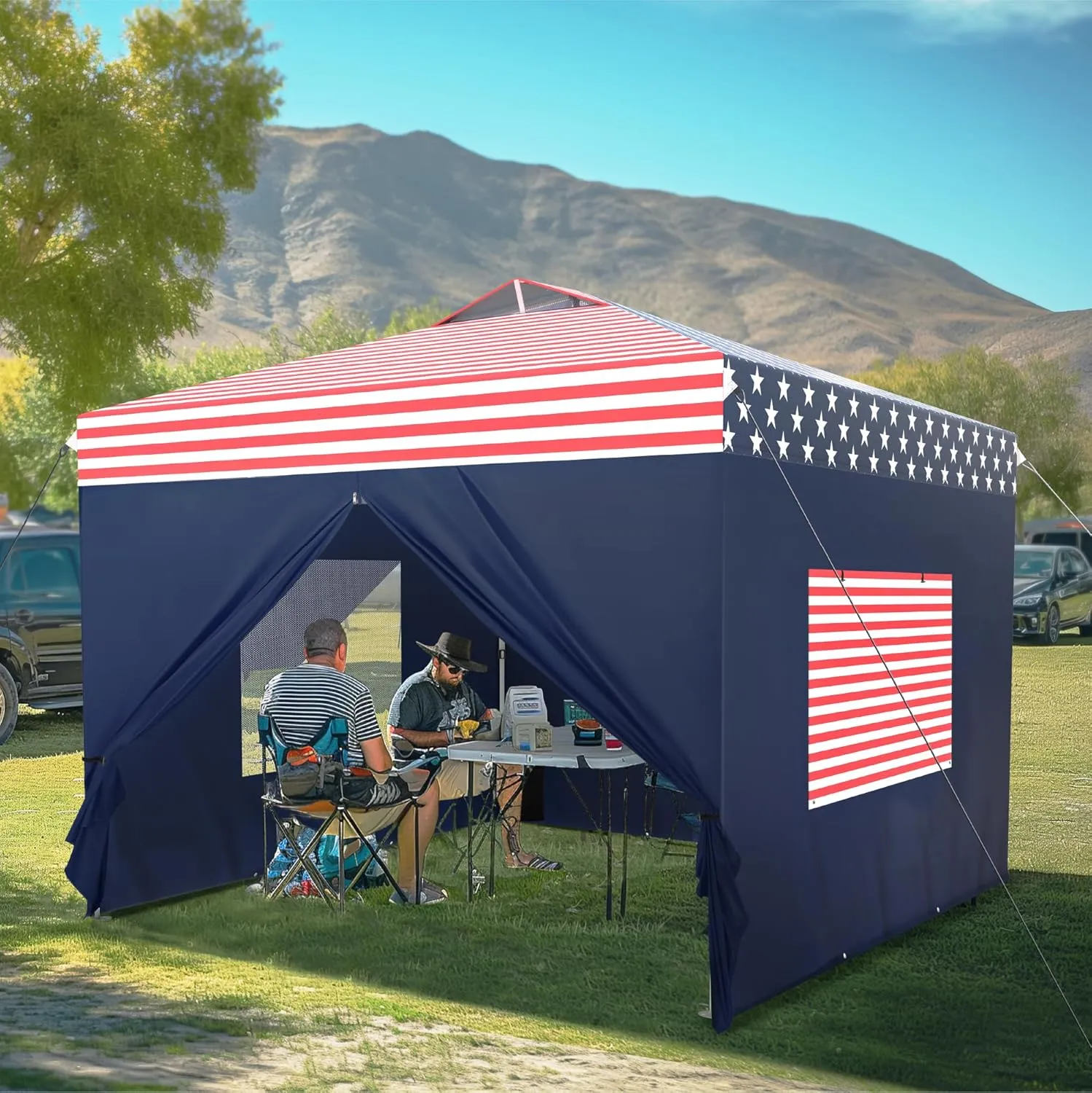 MFSTUDIO 10x10 Pop Up Canopy Tent with Removable Sidewalls, Outdoor Enclosed Instant Portable Shelter with Breathable Mesh Windows, One Person Setup, American Flag