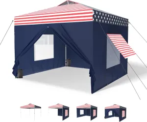 MFSTUDIO 10x10 Pop Up Canopy Tent with Removable Sidewalls, Outdoor Enclosed Instant Portable Shelter with Breathable Mesh Windows, One Person Setup, American Flag