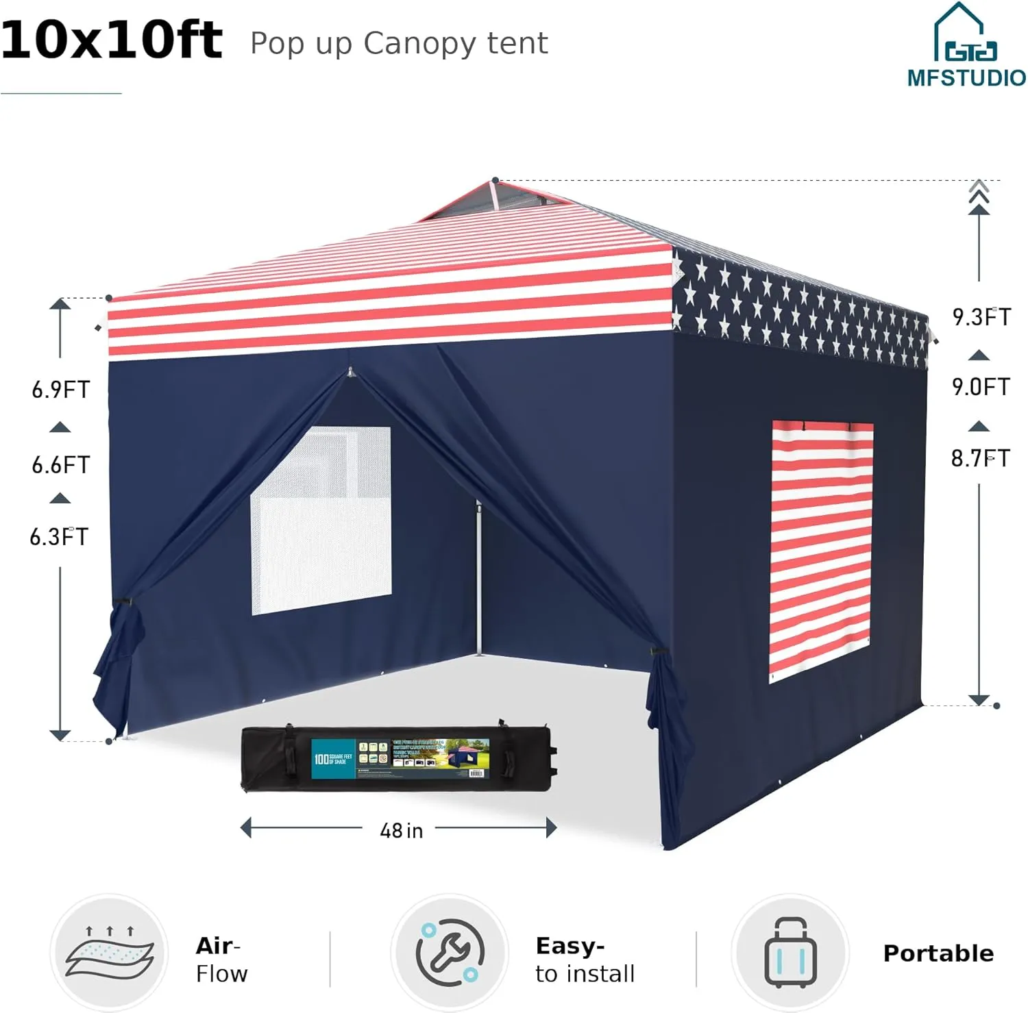 MFSTUDIO 10x10 Pop Up Canopy Tent with Removable Sidewalls, Outdoor Enclosed Instant Portable Shelter with Breathable Mesh Windows, One Person Setup, American Flag