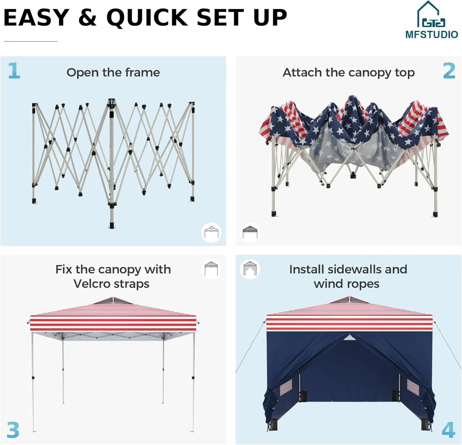 MFSTUDIO 10x10 Pop Up Canopy Tent with Removable Sidewalls, Outdoor Enclosed Instant Portable Shelter with Breathable Mesh Windows, One Person Setup, American Flag
