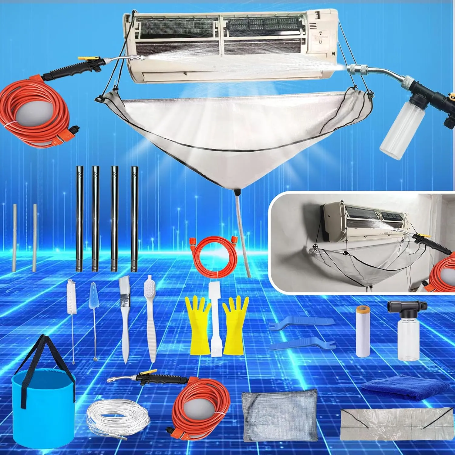 Mini Split Clean Bag with Dual Side and Crossbar Bracket Design, no Direct Contact with The air Conditioning Unit, 26PCS Mini Split Cleaning kit(Small Size,White)