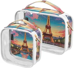 MNSRUU Clear Makeup Bags Eiffel Tower Toiletry Bag for Women 2 PCS Waterproof Clear Bags Clear Travel Toiletry Bag Small Cosmetic Makeup Bag, Carry on Airport Airline Compliant Bag
