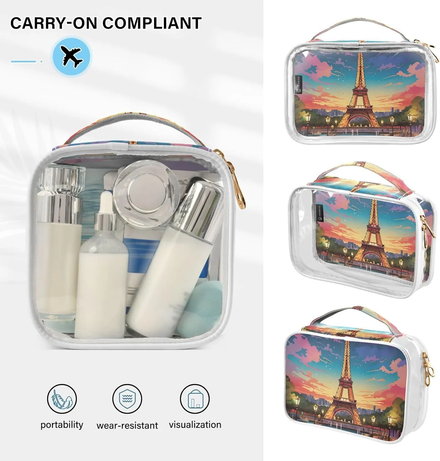 MNSRUU Clear Makeup Bags Eiffel Tower Toiletry Bag for Women 2 PCS Waterproof Clear Bags Clear Travel Toiletry Bag Small Cosmetic Makeup Bag, Carry on Airport Airline Compliant Bag