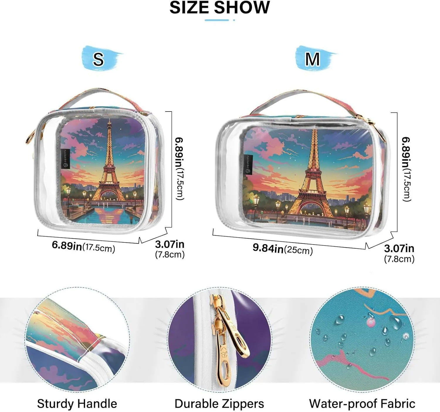 MNSRUU Clear Makeup Bags Eiffel Tower Toiletry Bag for Women 2 PCS Waterproof Clear Bags Clear Travel Toiletry Bag Small Cosmetic Makeup Bag, Carry on Airport Airline Compliant Bag