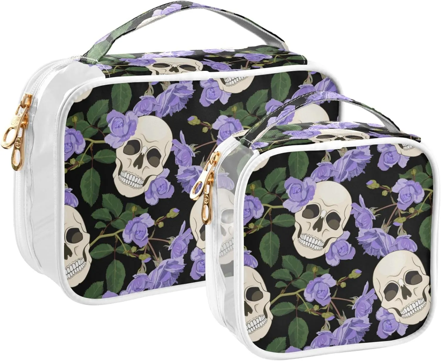 MNSRUU Clear Makeup Bags Gothic Lilac Roses and Skulls Toiletry Bag for Women 2 PCS Waterproof Clear Bags Clear Travel Toiletry Bag Small Cosmetic Makeup Bag, Carry on Airport Airline Compliant Bag