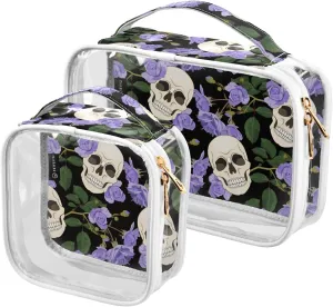 MNSRUU Clear Makeup Bags Gothic Lilac Roses and Skulls Toiletry Bag for Women 2 PCS Waterproof Clear Bags Clear Travel Toiletry Bag Small Cosmetic Makeup Bag, Carry on Airport Airline Compliant Bag