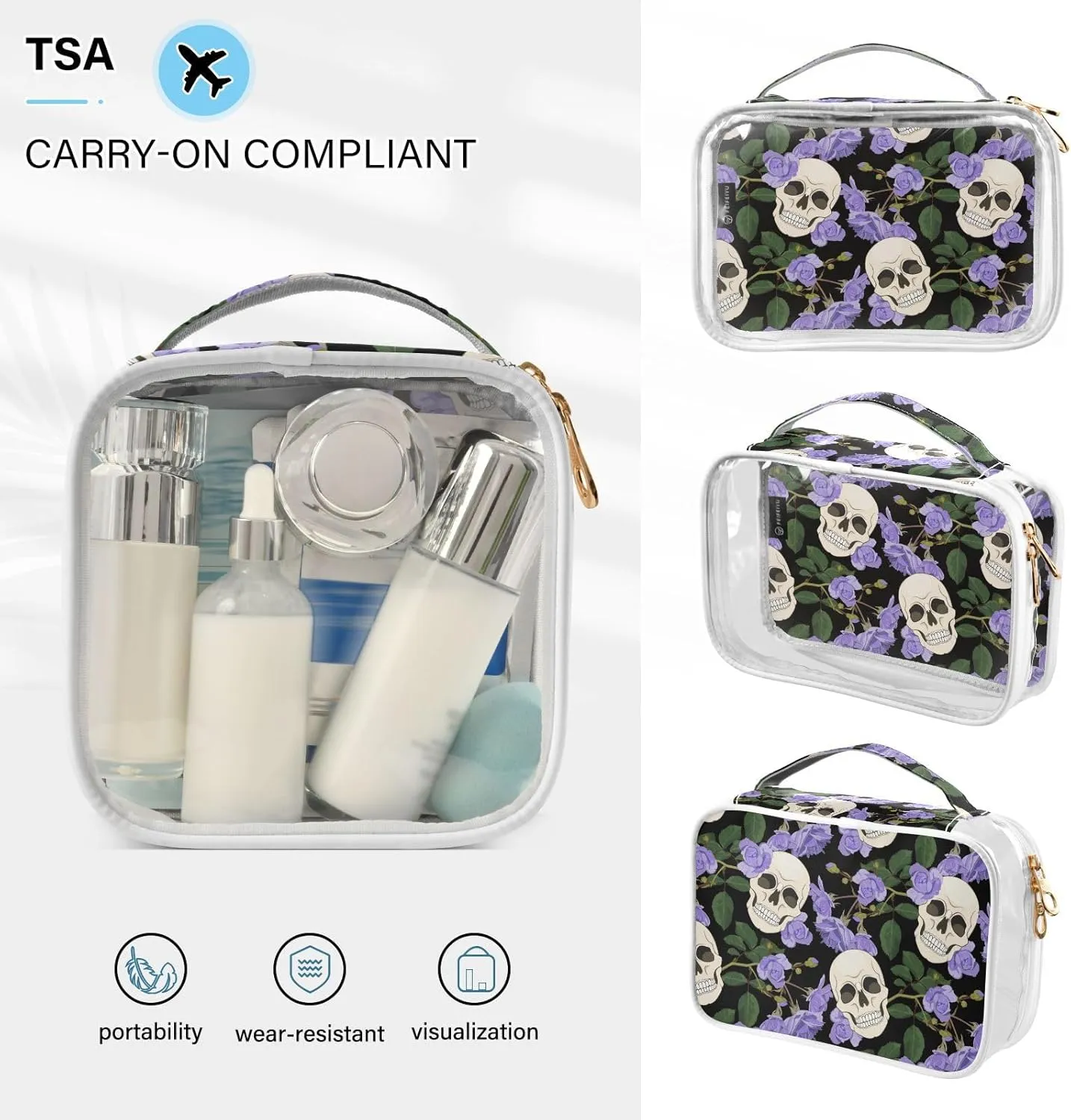 MNSRUU Clear Makeup Bags Gothic Lilac Roses and Skulls Toiletry Bag for Women 2 PCS Waterproof Clear Bags Clear Travel Toiletry Bag Small Cosmetic Makeup Bag, Carry on Airport Airline Compliant Bag