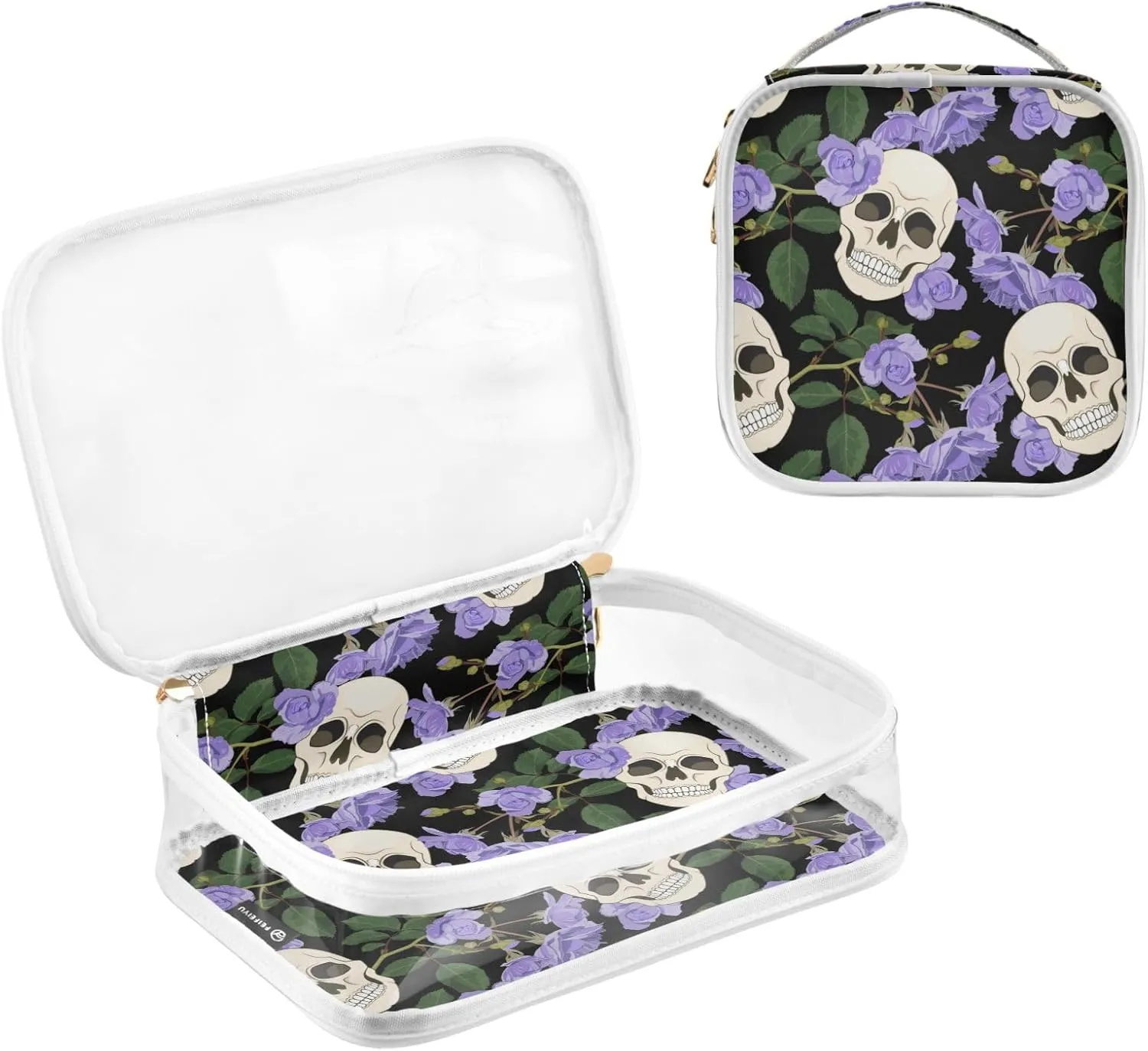 MNSRUU Clear Makeup Bags Gothic Lilac Roses and Skulls Toiletry Bag for Women 2 PCS Waterproof Clear Bags Clear Travel Toiletry Bag Small Cosmetic Makeup Bag, Carry on Airport Airline Compliant Bag