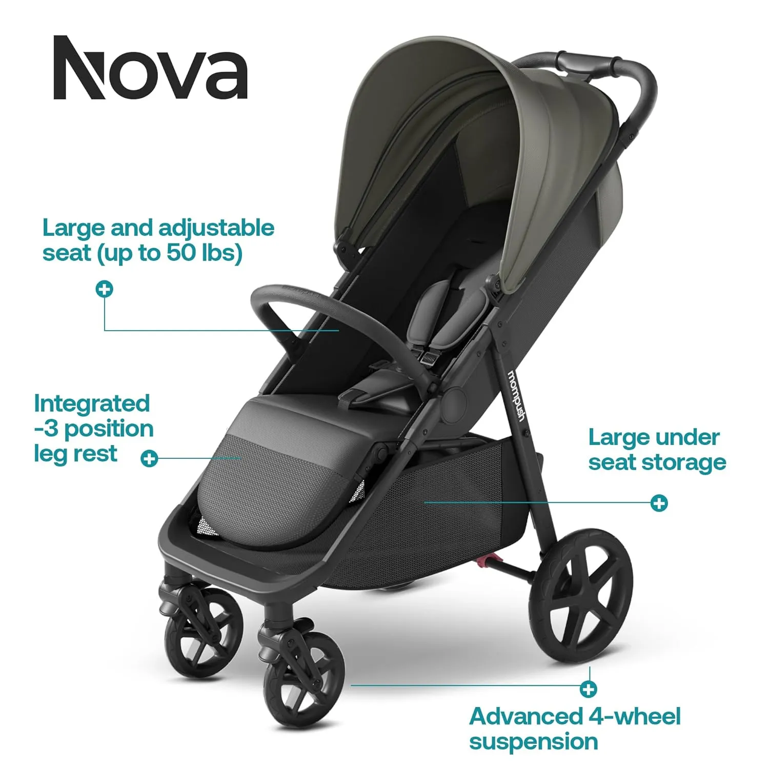 Mompush Nova Baby Stroller, Spacious Seat & Lie-Flat Mode, Infant Stroller with Large UPF 50  Canopy, Compact Folding with One Hand, Suit for Birth to 50 LB