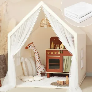 Monobeach Kids Tent Beige Play Tent with Long Mesh Curtain Large Playhouse for Indoor Outdoor Play Cottage Castle Toy for Girls Boys House Gift (Beige Kids Play Tent with Mat)