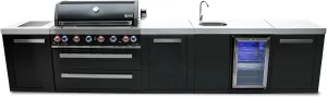 Mont Alpi MAi805-BSSBEV-EXC 6-Burner 115000 BTU Black Stainless Steel Island Outdoor Kitchen BBQ Gas Grill   Beverage Center Faucet & Sink   Granite Countertops   25" Right Extra Storage Cabinet