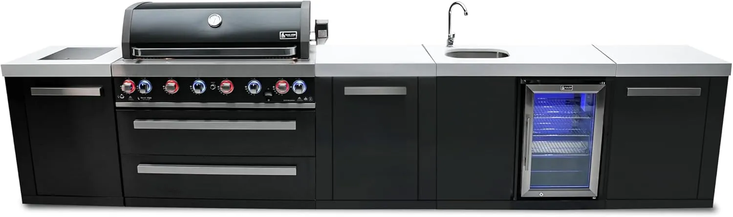 Mont Alpi MAi805-BSSBEV-EXC 6-Burner 115000 BTU Black Stainless Steel Island Outdoor Kitchen BBQ Gas Grill   Beverage Center Faucet & Sink   Granite Countertops   25" Right Extra Storage Cabinet