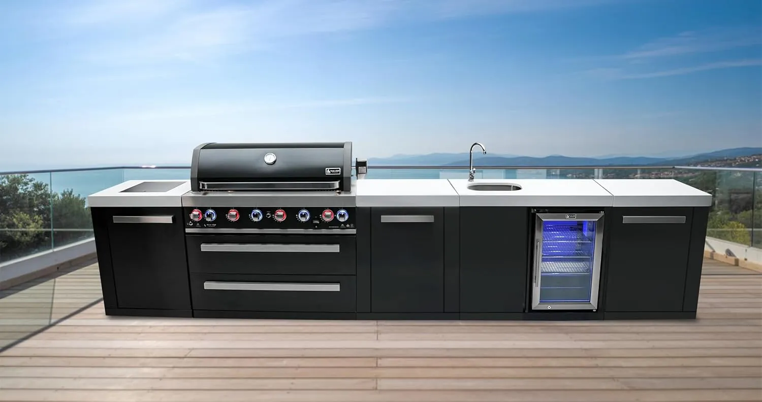 Mont Alpi MAi805-BSSBEV-EXC 6-Burner 115000 BTU Black Stainless Steel Island Outdoor Kitchen BBQ Gas Grill   Beverage Center Faucet & Sink   Granite Countertops   25" Right Extra Storage Cabinet