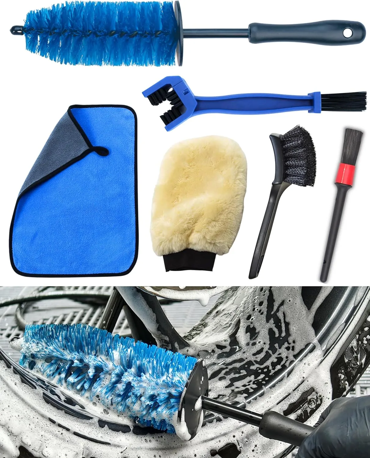 Motorcycle Cleaning Brush Kit 6 Pack, Easy Reach Brush, Chain Brush,Wool Wash Mitt, Stiff Tire Brush, Detailing Brush& Microfiber Towel for Motorcycle Mudguard, Rims,Exhaust, Frame Detailing Wash Kit