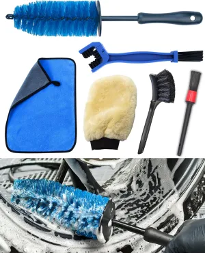 Motorcycle Cleaning Brush Kit 6 Pack, Easy Reach Brush, Chain Brush,Wool Wash Mitt, Stiff Tire Brush, Detailing Brush& Microfiber Towel for Motorcycle Mudguard, Rims,Exhaust, Frame Detailing Wash Kit