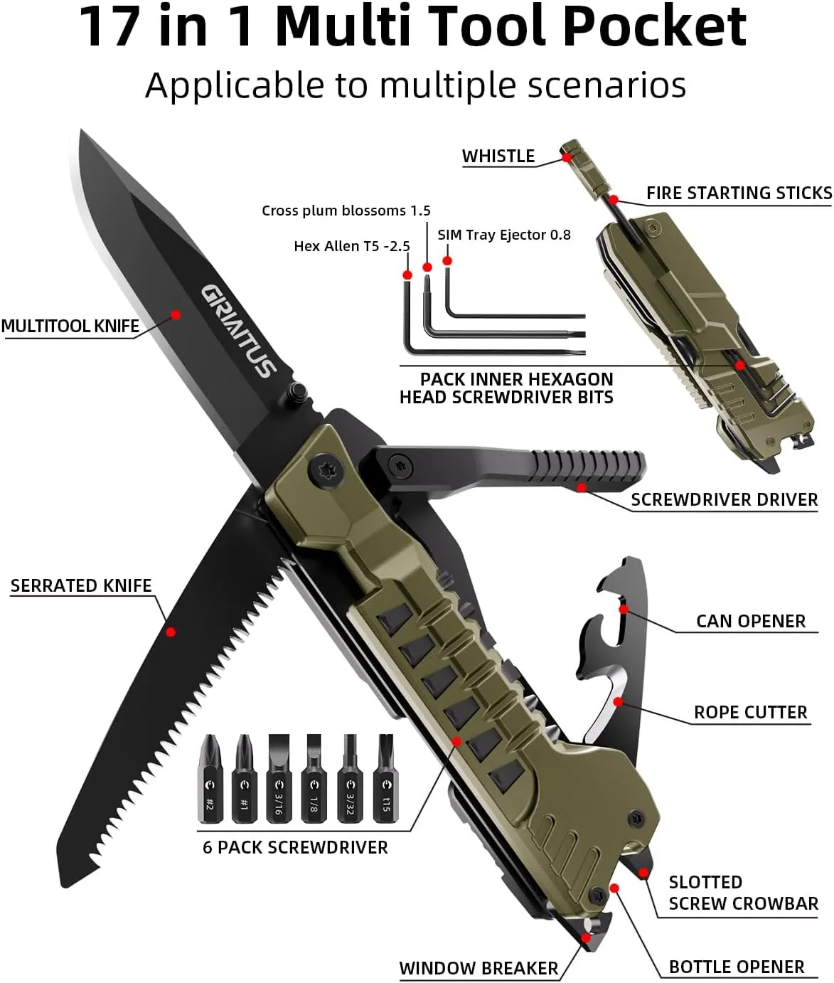 Multitool Knife, 17 in 1 Pocket Knife with Screwdriver, Fire Starter Sticks, Bottle Opener, Saw, Whistle, Nylon Sheath, EDC Gear for Survival, Camping, Hiking, Outdoor, Gifts for Dad - Desert Gray