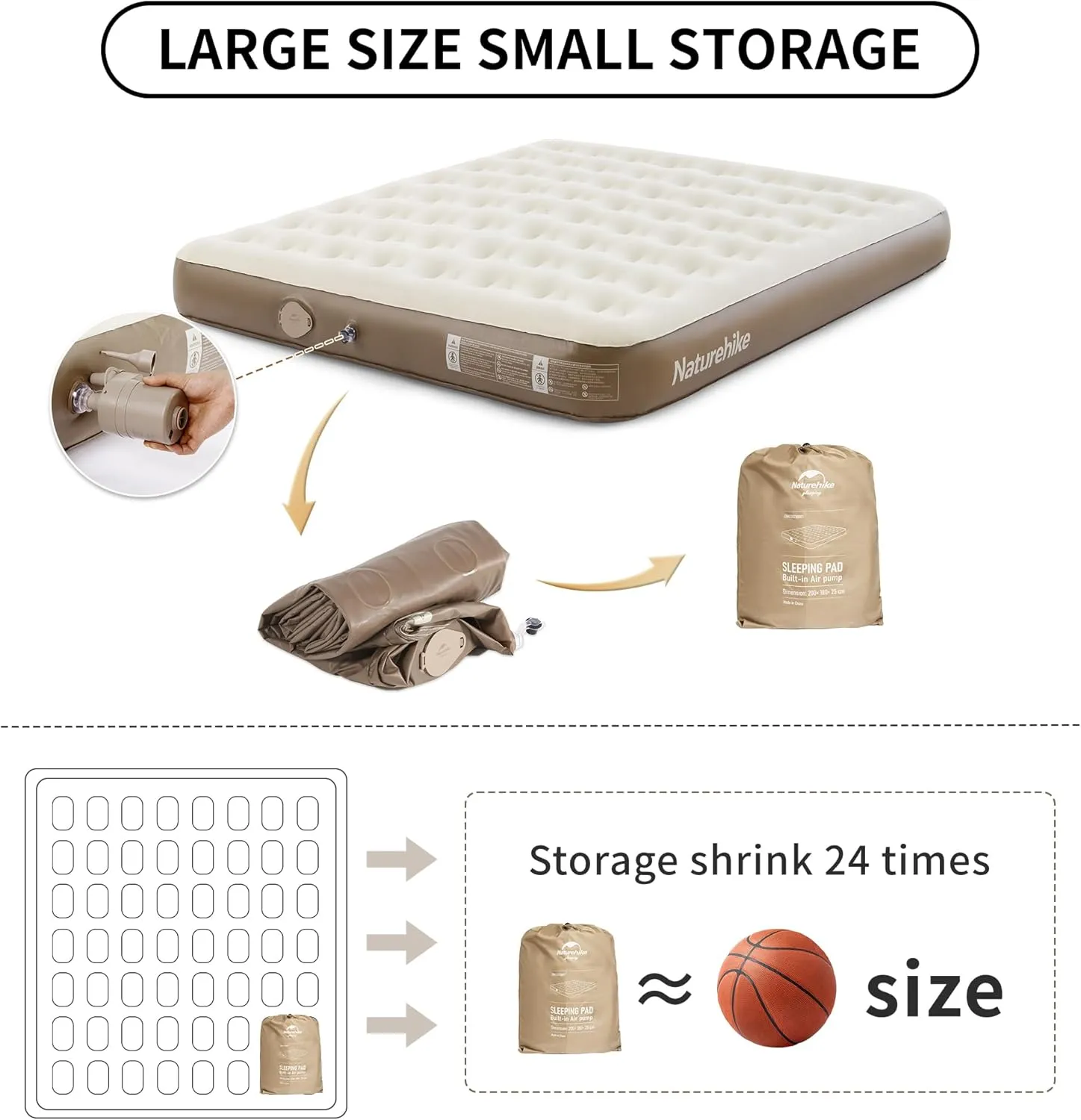 Naturehike Compact King Size Air Mattress with Electric Built-in Pump, 79 * 71in Extra Wide Inflatable Mattress for Home, Camping, Guests, Travel, Formaldehyde- Free, Morning View Series