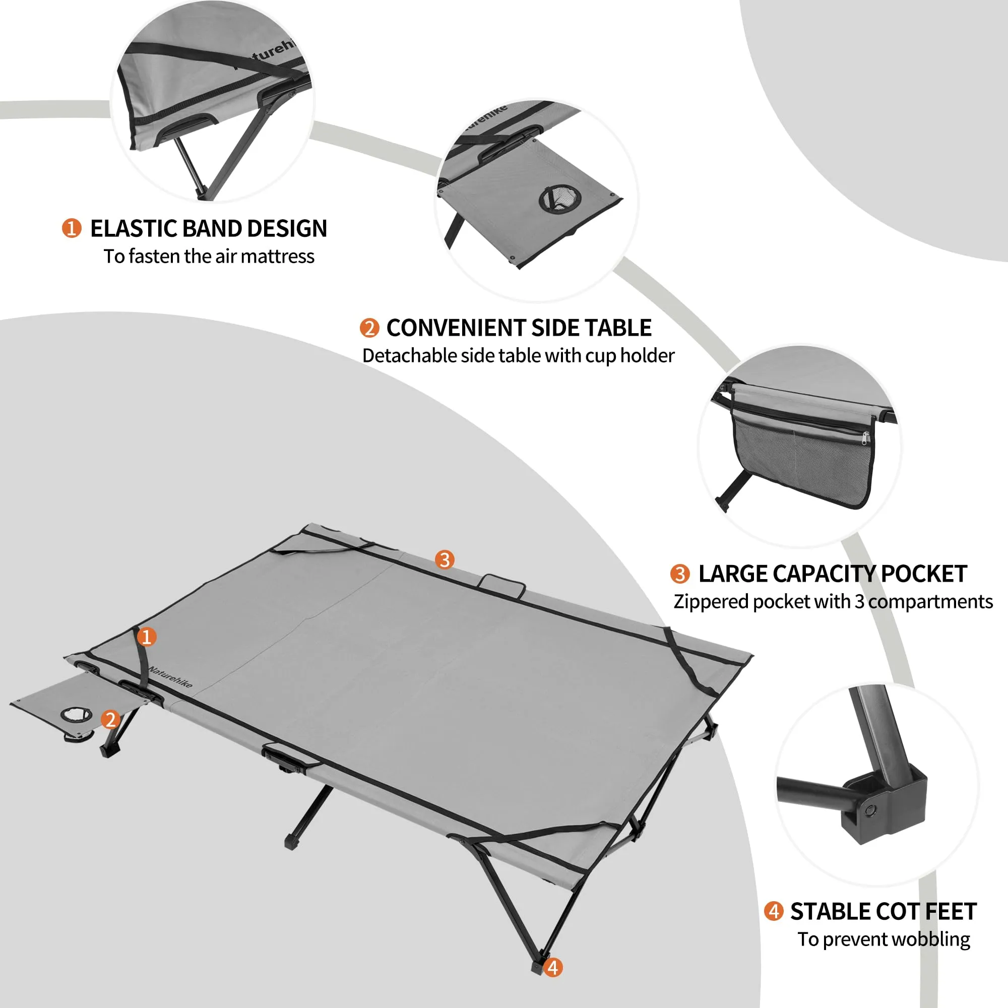 Naturehike Cot Frame & Air Mattress Portable Lightweight 2 Person Folding Camping Cot With Camping Air Mattress Built-in Side Table Camping Bed For Adults