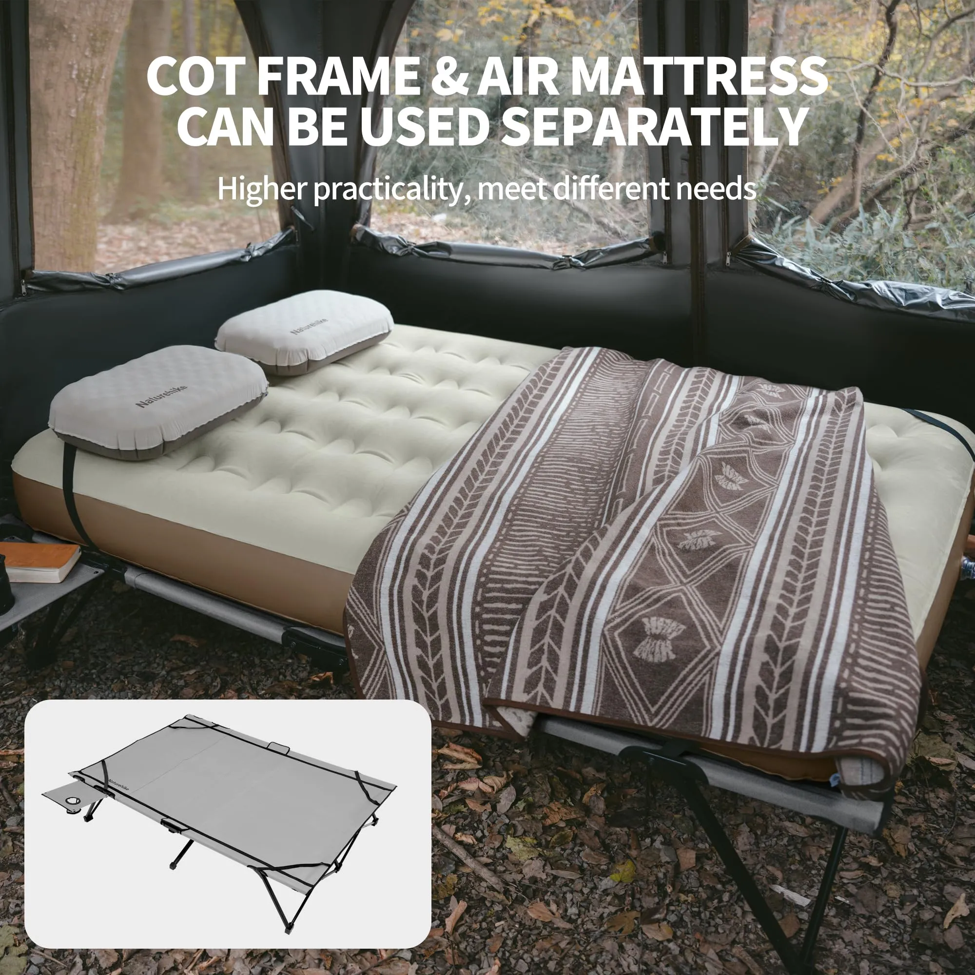 Naturehike Cot Frame & Air Mattress Portable Lightweight 2 Person Folding Camping Cot With Camping Air Mattress Built-in Side Table Camping Bed For Adults