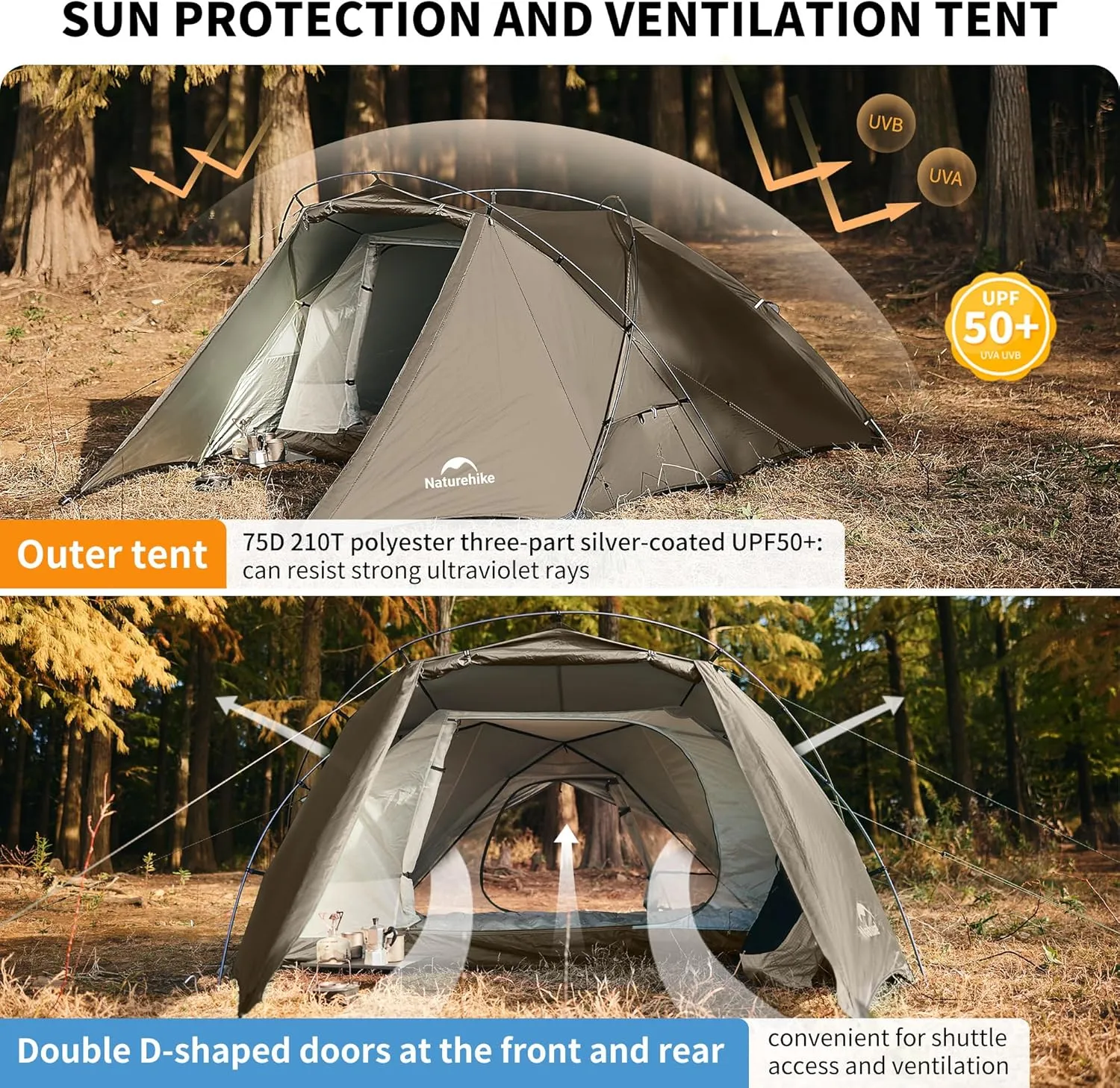 Naturehike Hillock6 Camping Tents with Vestibule 2 Person Windproof and Rainproof 4 Season Tent, Suitable for a Variety of Weather Conditions, Can Withstand Level 7 Wind