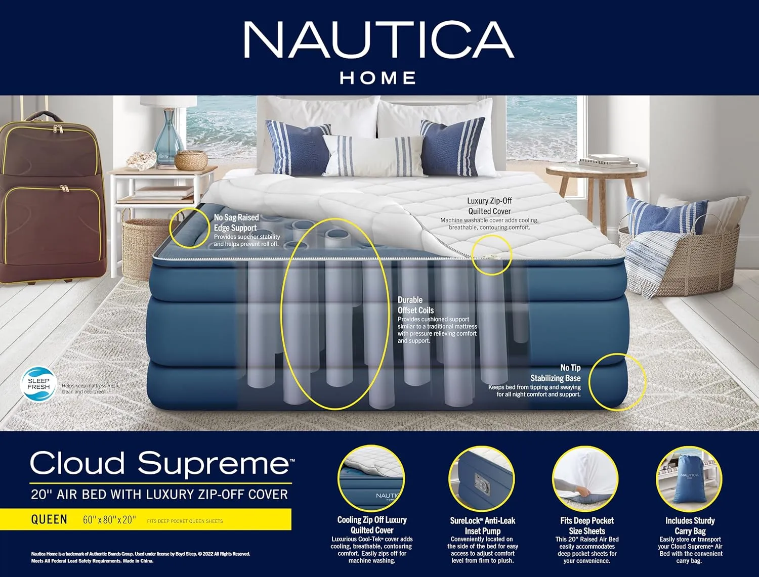 Nautica Home 20" Cloud Supreme Air Mattress with Zip-Off Pillowtop, Built-in Pump, Quick 2-Minute Inflation,Queen Size, Perfect for Guests, Travel, Camping, Durable Offset Coil Construction