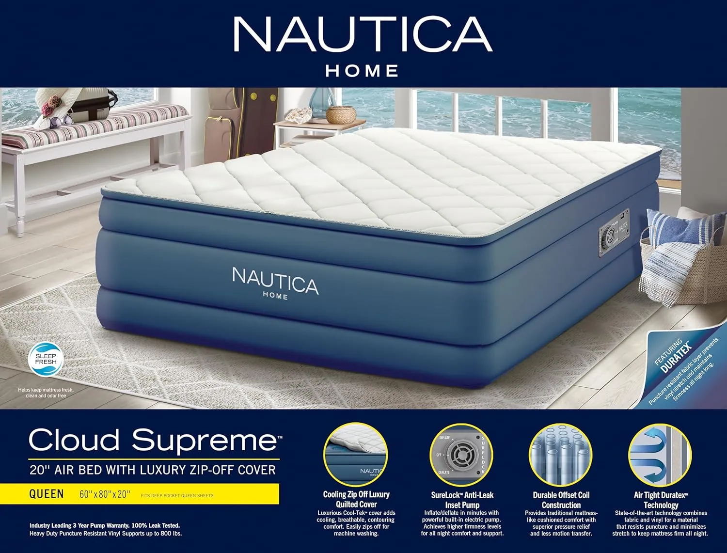 Nautica Home 20" Cloud Supreme Air Mattress with Zip-Off Pillowtop, Built-in Pump, Quick 2-Minute Inflation,Queen Size, Perfect for Guests, Travel, Camping, Durable Offset Coil Construction