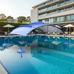 Navy Blue Polyester Floating Pool Shade Canopy - UPF 50  Sun Shelter with Water/Sand Weighted Base, Water & Land Dual - Use, Easy Assembly, 210x100x55 Inch Portable Sunshade with Storage Bag