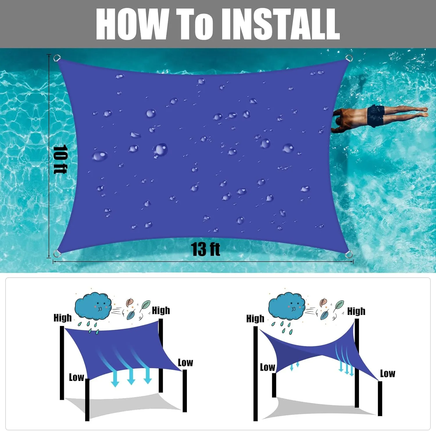 Neween Waterproof Sun Shade Sail Rectangle UV Block Canopy for Outdoor Patio and Garden, Yard Activities (10'x13', Blue)