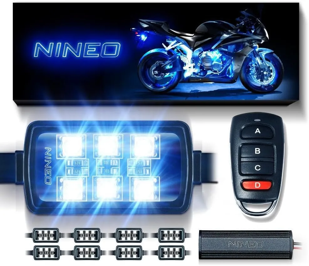 NINEO 8PCS Motorcycle LED Light Kit, RGB Underglow Lights with Brake Light Fit for Most Family Motorcycles Carts Trikes Cruiser Scooter ATV UTV - Pack of 8