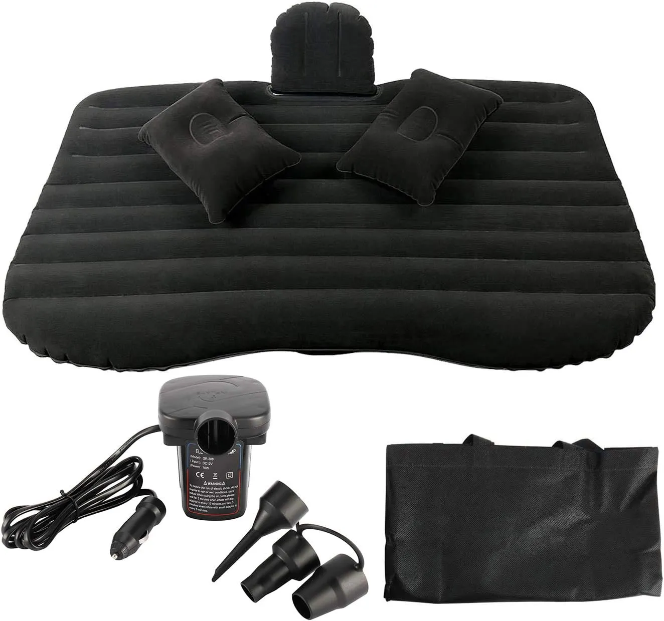 NovelBee Back Flocking Surface Car Travel Inflatable Mattress Air Bed Camping with 2 Air Pillows,Inflatable Pump and Handbag (Black)