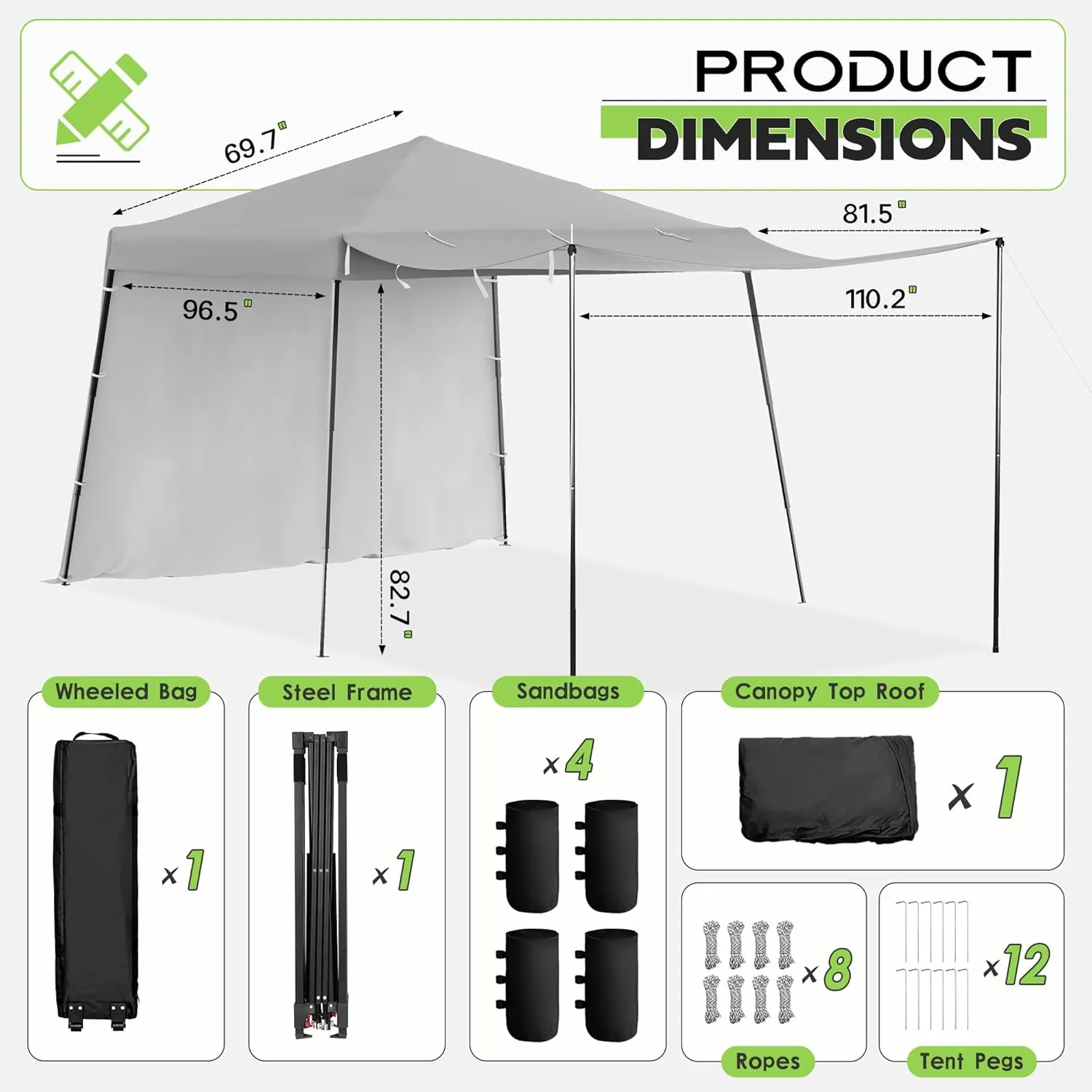 Oakmont 8×8ft Pop-up Outdoor Canopy Tent with 1 Wheeled Bag, Patio Shade Canopy with 2 Expandable Sidewalls for Parties, Beach, and Camping, Bonus 12 Ground Stakes, 4 Sandbags and 8 Ropes (Grey)