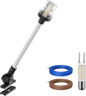 Obcursco Boat Stern Lights, 2NM 360° LED Anchor Light, IP67 Waterproof Bimini Top Lighting, Fold-Down White Navigation Lighting for Pontoon, Marine, Yacht, and Fishing Boats(18'' Horizontal Swing)