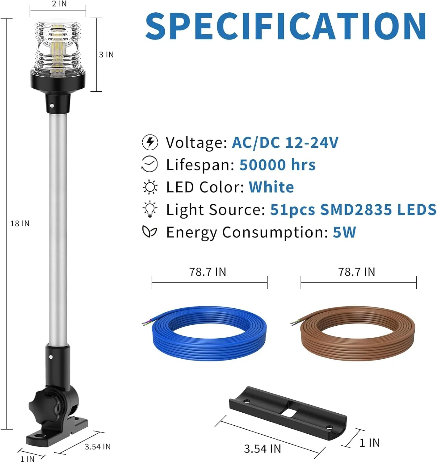 Obcursco Boat Stern Lights, 2NM 360° LED Anchor Light, IP67 Waterproof Bimini Top Lighting, Fold-Down White Navigation Lighting for Pontoon, Marine, Yacht, and Fishing Boats(18'' Horizontal Swing)