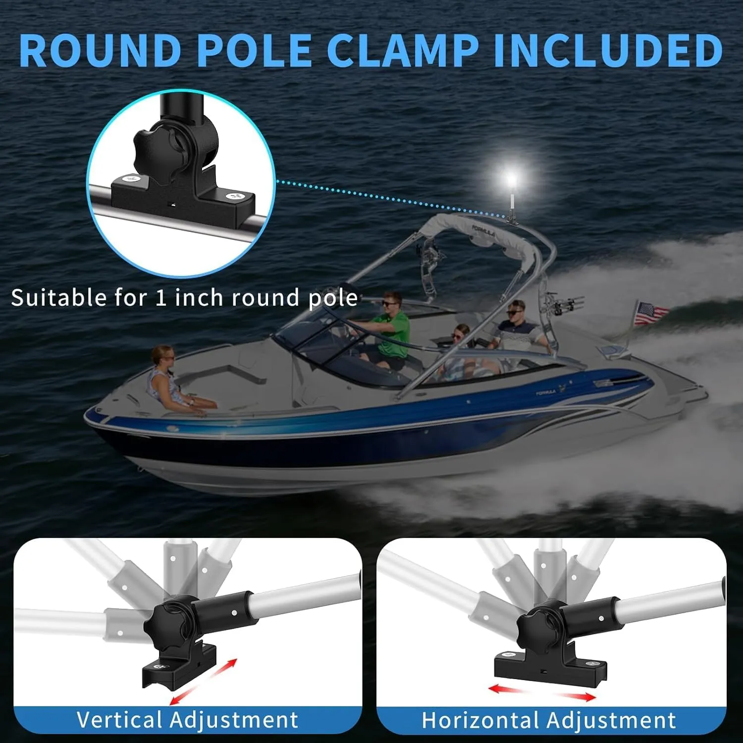 Obcursco Boat Stern Lights, 2NM 360° LED Anchor Light, IP67 Waterproof Bimini Top Lighting, Fold-Down White Navigation Lighting for Pontoon, Marine, Yacht, and Fishing Boats(18'' Horizontal Swing)