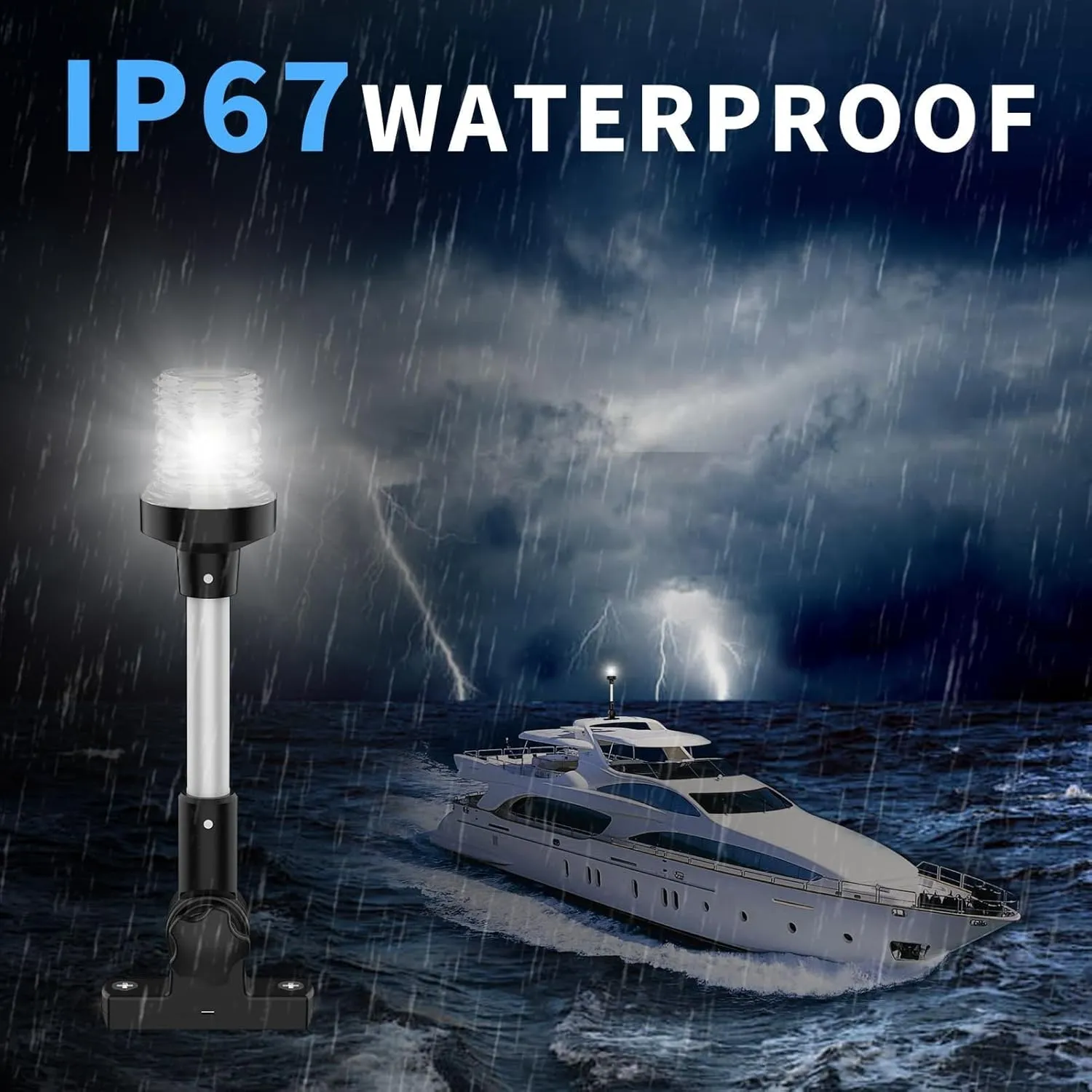 Obcursco Boat Stern Lights, 2NM 360° LED Anchor Light, IP67 Waterproof Bimini Top Lighting, Fold-Down White Navigation Lighting for Pontoon, Marine, Yacht, and Fishing Boats(18'' Horizontal Swing)