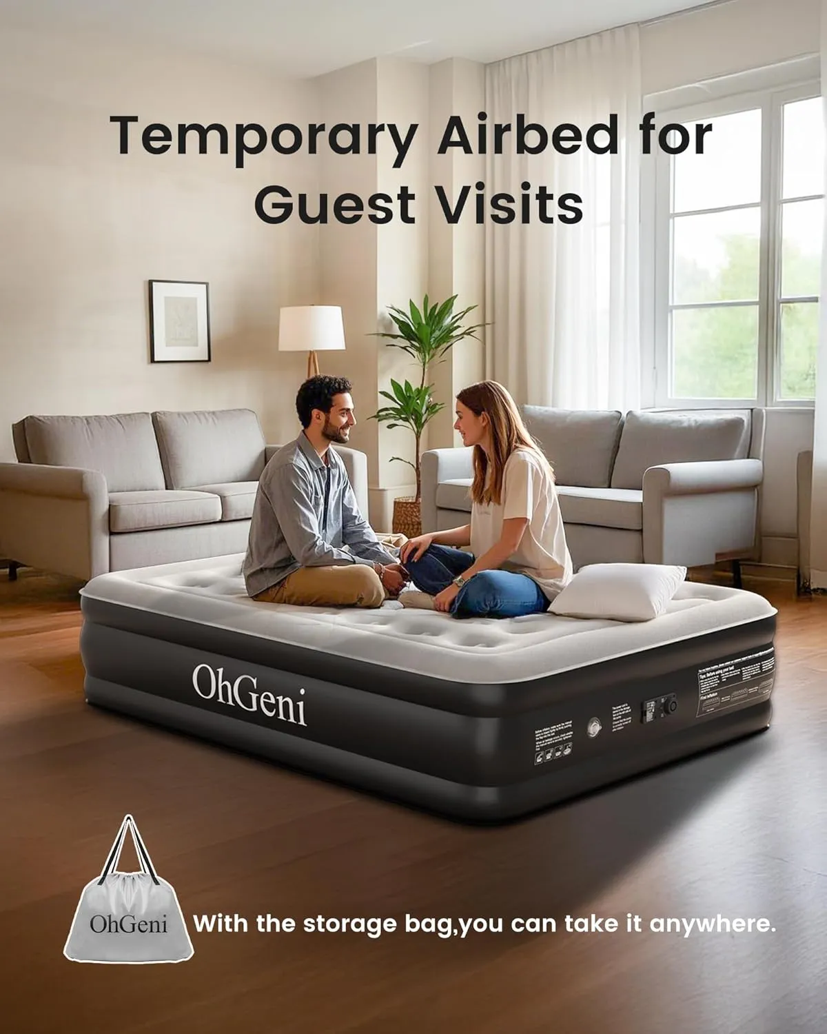 OhGeni King Air Mattress with Built-in Pump,18'' Comfortable Blow Up Colchones Inflables Mattress for Home,Guests,Foldable Air Bed,Portable Bed for Adults,Durable Airbed Supports Up to 650 lbs,Black