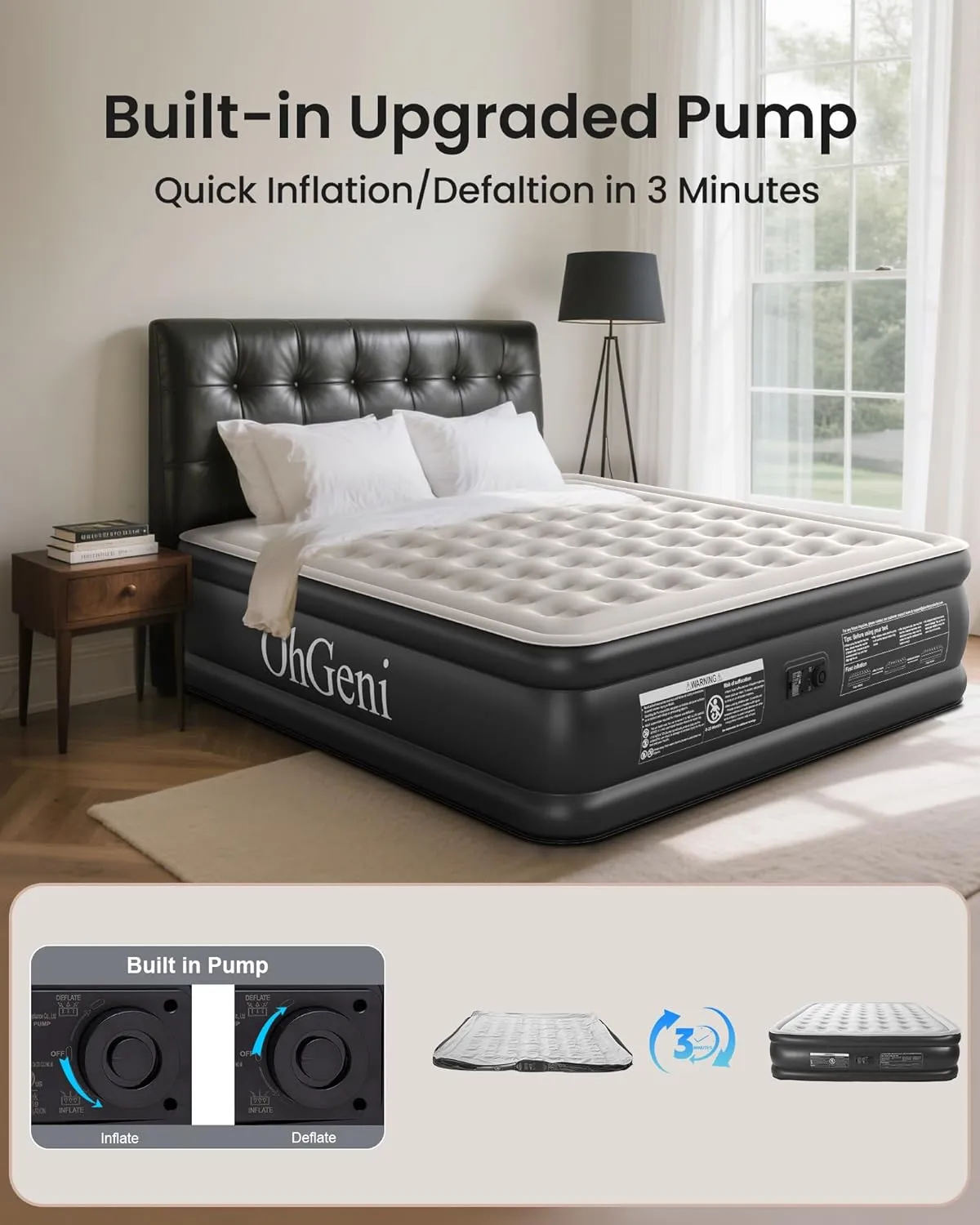 OhGeni King Air Mattress with Built-in Pump,18'' Comfortable Blow Up Colchones Inflables Mattress for Home,Guests,Foldable Air Bed,Portable Bed for Adults,Durable Airbed Supports Up to 650 lbs,Black