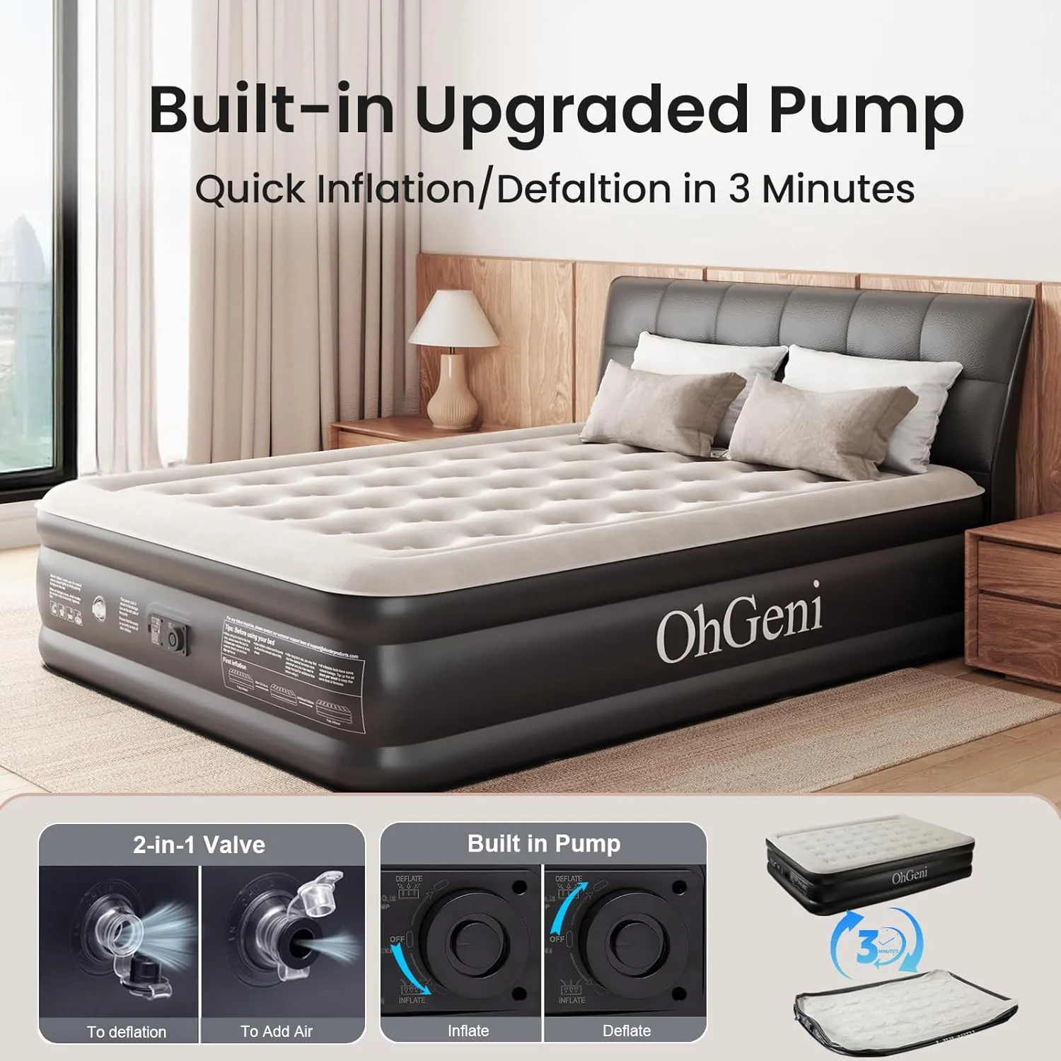 OhGeni Queen Air Mattress with Built in Pump, 18 Raised Comfort Inflatable Mattress, Quiet Surface Portable Blow Up Mattress, Air Bed for Home and Guest, Colchone Inflable, 650 lbs Max